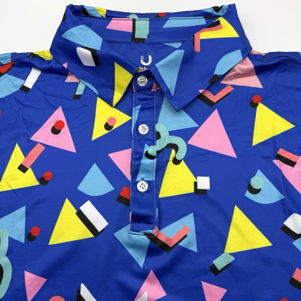 Uideazone Performance Polo Mens M Blue Geometric 80s Retro Golf Shirt Short Slv